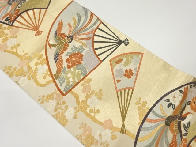 梅に扇・花鳥模様織出し袋帯